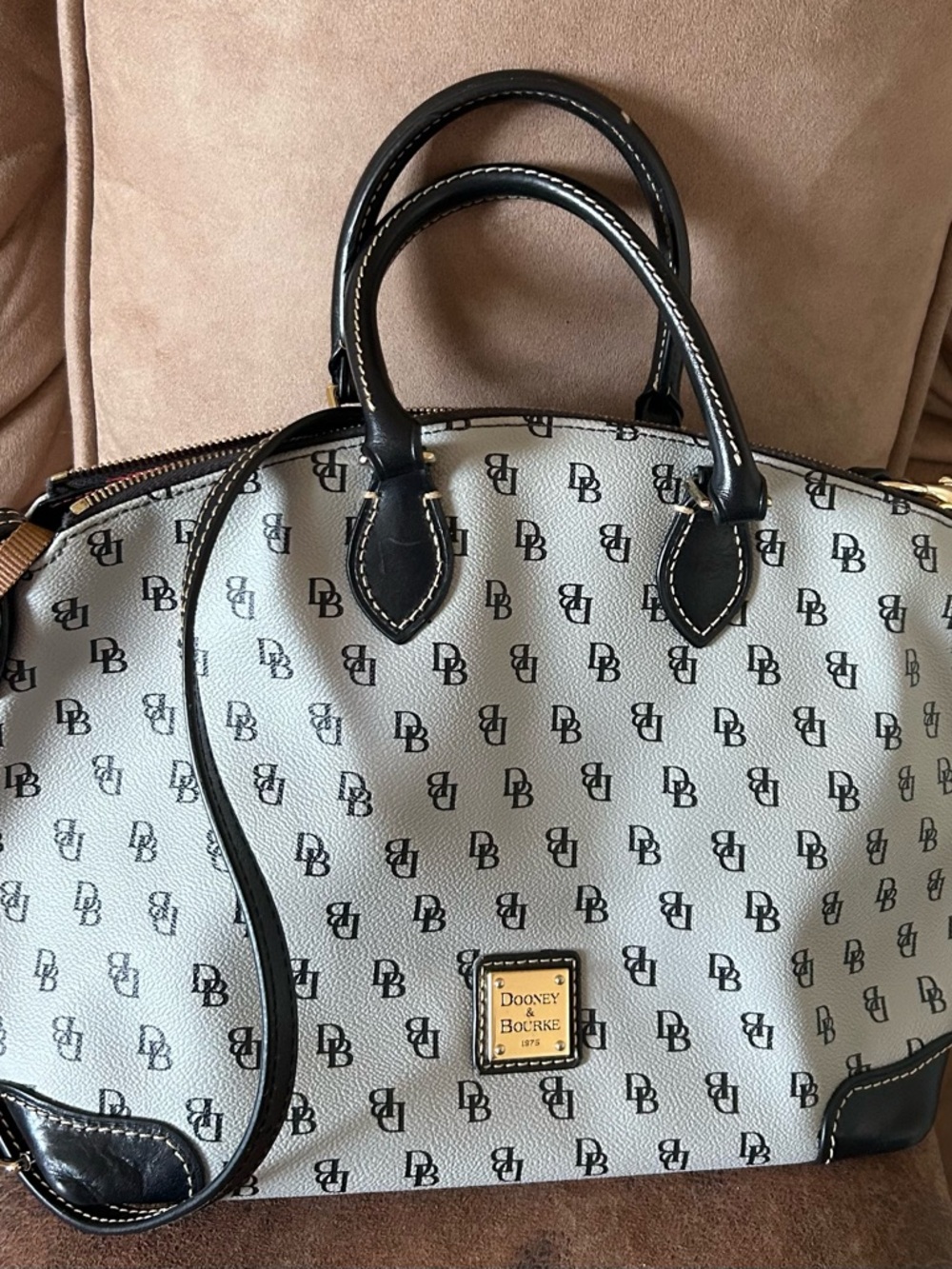 Dooney & Bourke Cream and Black Logo Dome Satchel